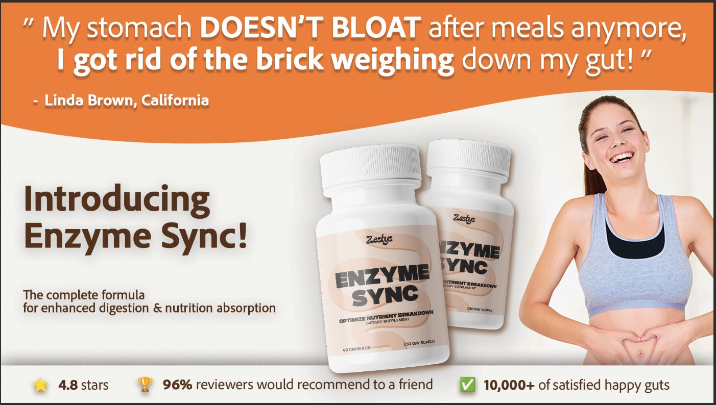 Advertisement for Enzyme Sync with a woman and bottles on a white background