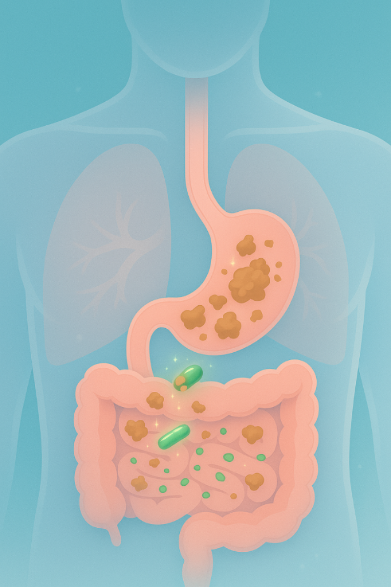 Illustration of a human digestive system with stomach and intestines highlighted on a blue background.