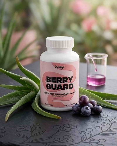 Bottle of Berry Guard supplement on a dark surface with a blurred natural background