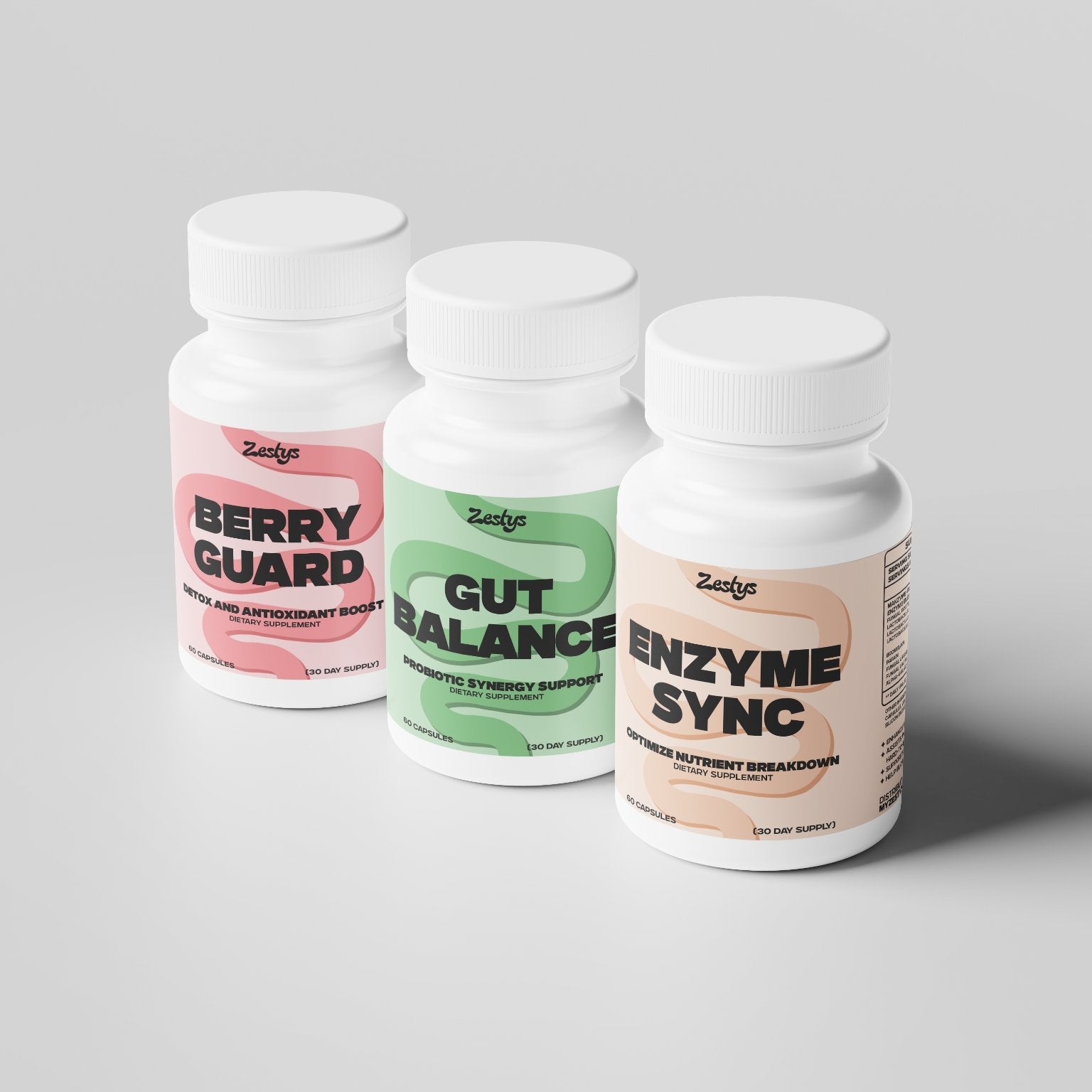 Three supplement bottles labeled 'Berry Guard', 'Gut Balance', and 'Enzyme Sync' on a gray background.