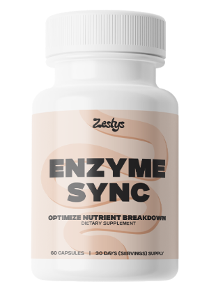 Supplement bottle labeled 'Enzyme Sync' by Zestys on a white background