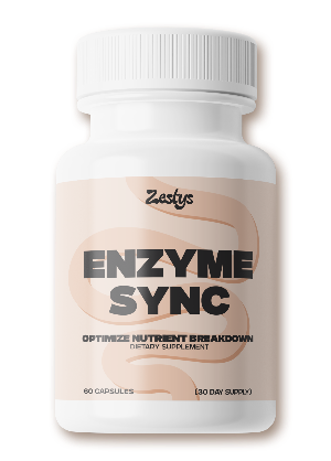 Supplement bottle labeled 'Enzyme Sync' by Zestys on a white background