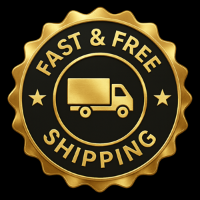 Gold and black emblem with a truck icon and 'Fast & Free Shipping' text on a black background