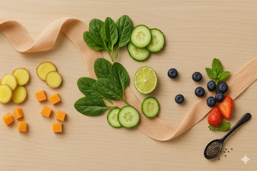 Assorted fruits, vegetables, and a spoon on a wooden surface