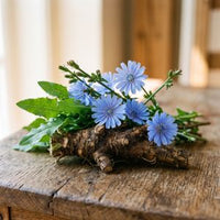 A small bouquet of blue chicory flowers with green leaves and a rustic piece of wood, arranged on a weathered wooden table with a softly blurred indoor background.