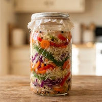 A clear glass mason jar filled with a colorful layered salad, sealed with a white cloth and metal lid, sitting on a wooden table in a blurred kitchen setting.