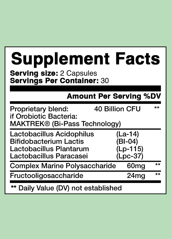 Supplement facts label with detailed information on a light green background