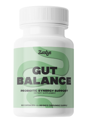 Supplement bottle labeled 'Gut Balance' by Zestys on a white background