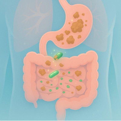 Illustration of a human digestive system with gut flora on a blue background