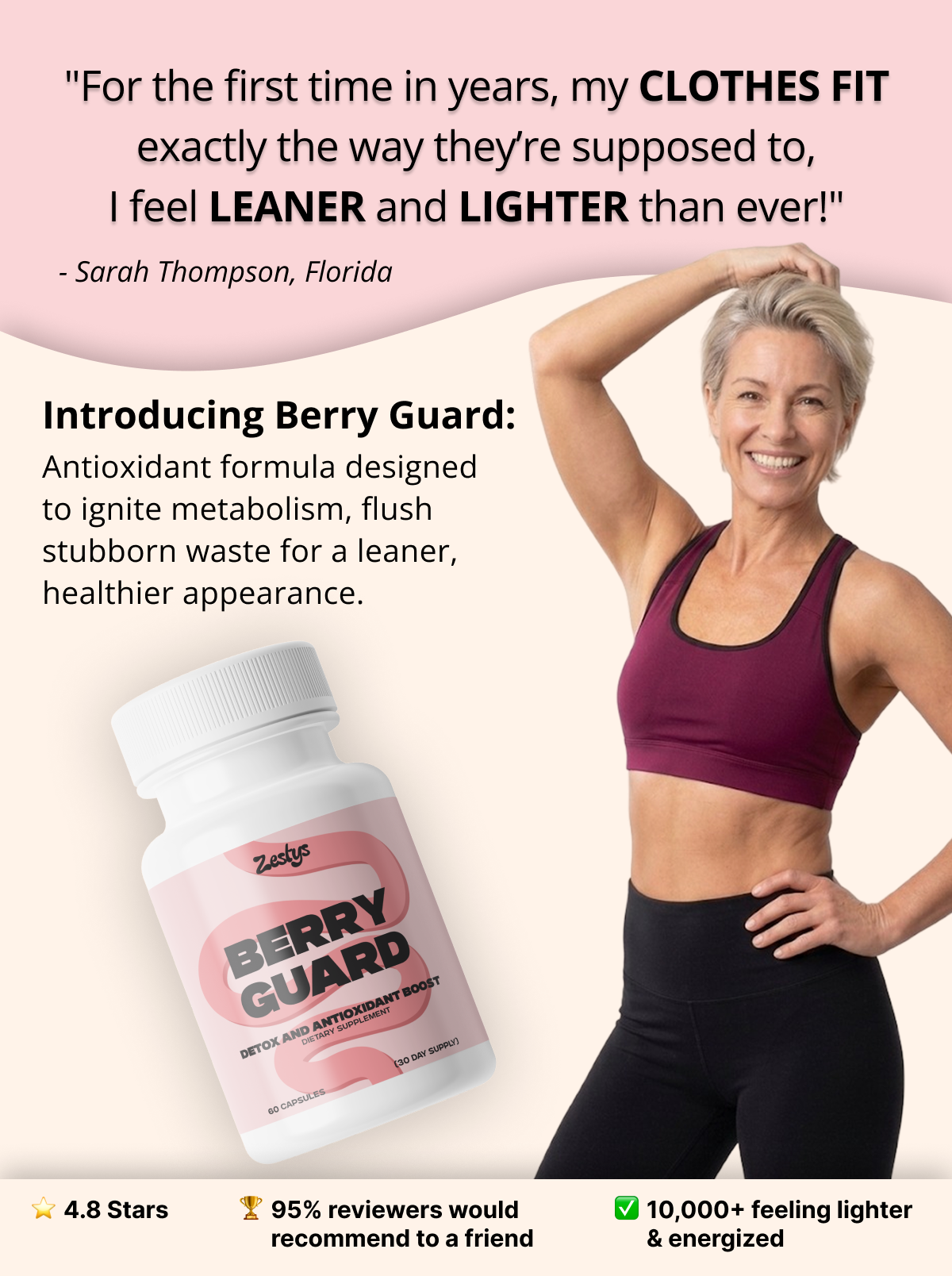 Advertisement for Berry Guard supplement with a woman in athletic wear on a beige background