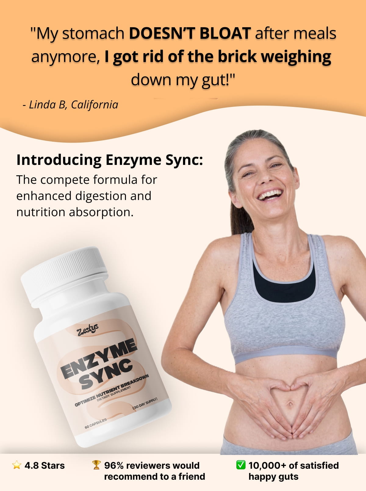Advertisement for Enzyme Sync supplement with a woman showing a happy gut, text about bloat relief, and product packaging.