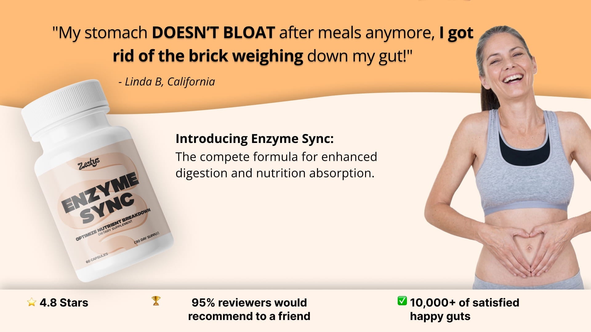 Advertisement for Enzyme Sync supplement with a woman and product on a light pink background
