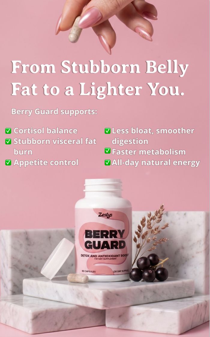 Hand holding a bottle labeled 'Berry Guard' against a pink background