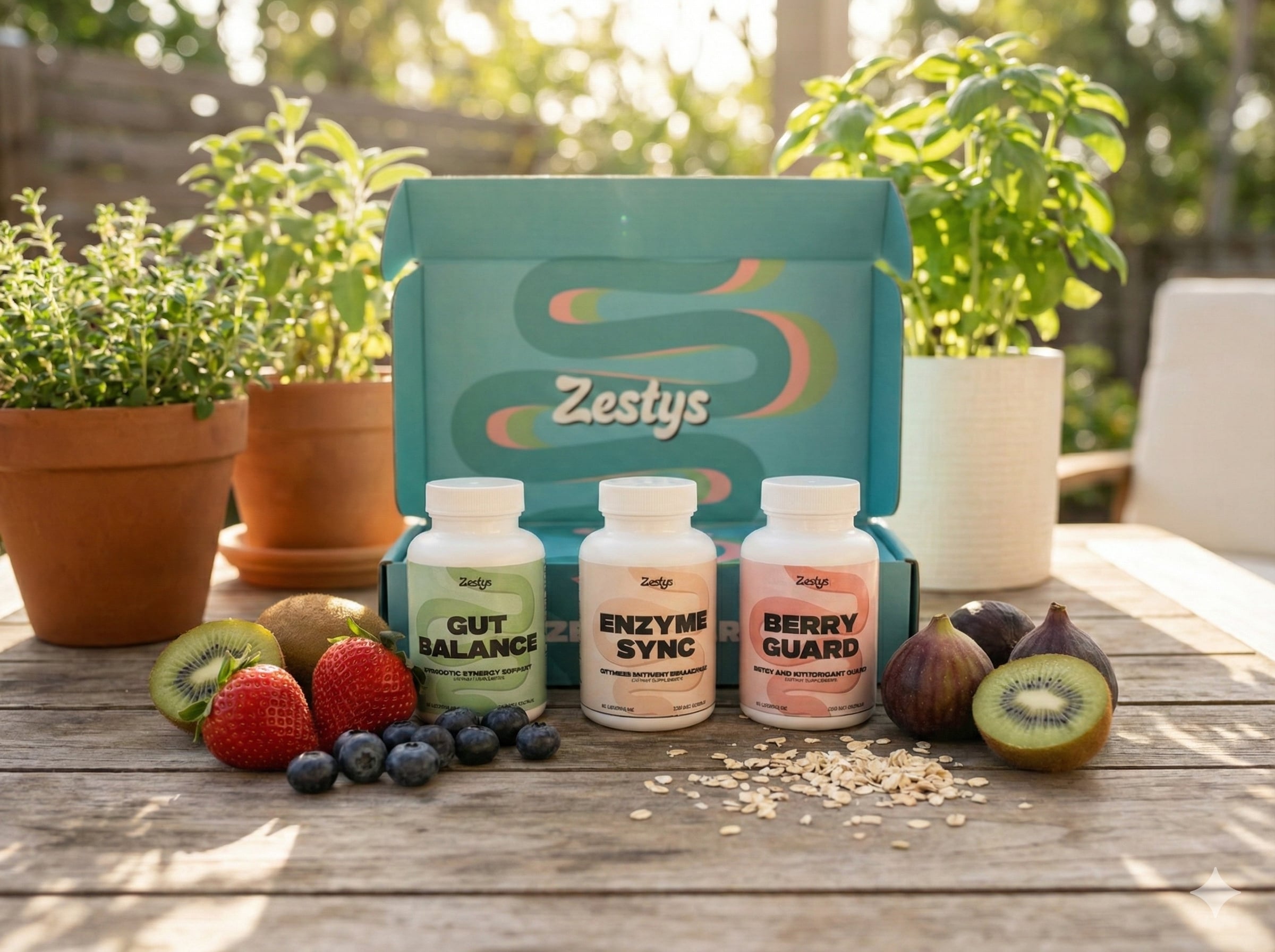 Zestys supplement bottles with fruits and a box on a wooden table outdoors