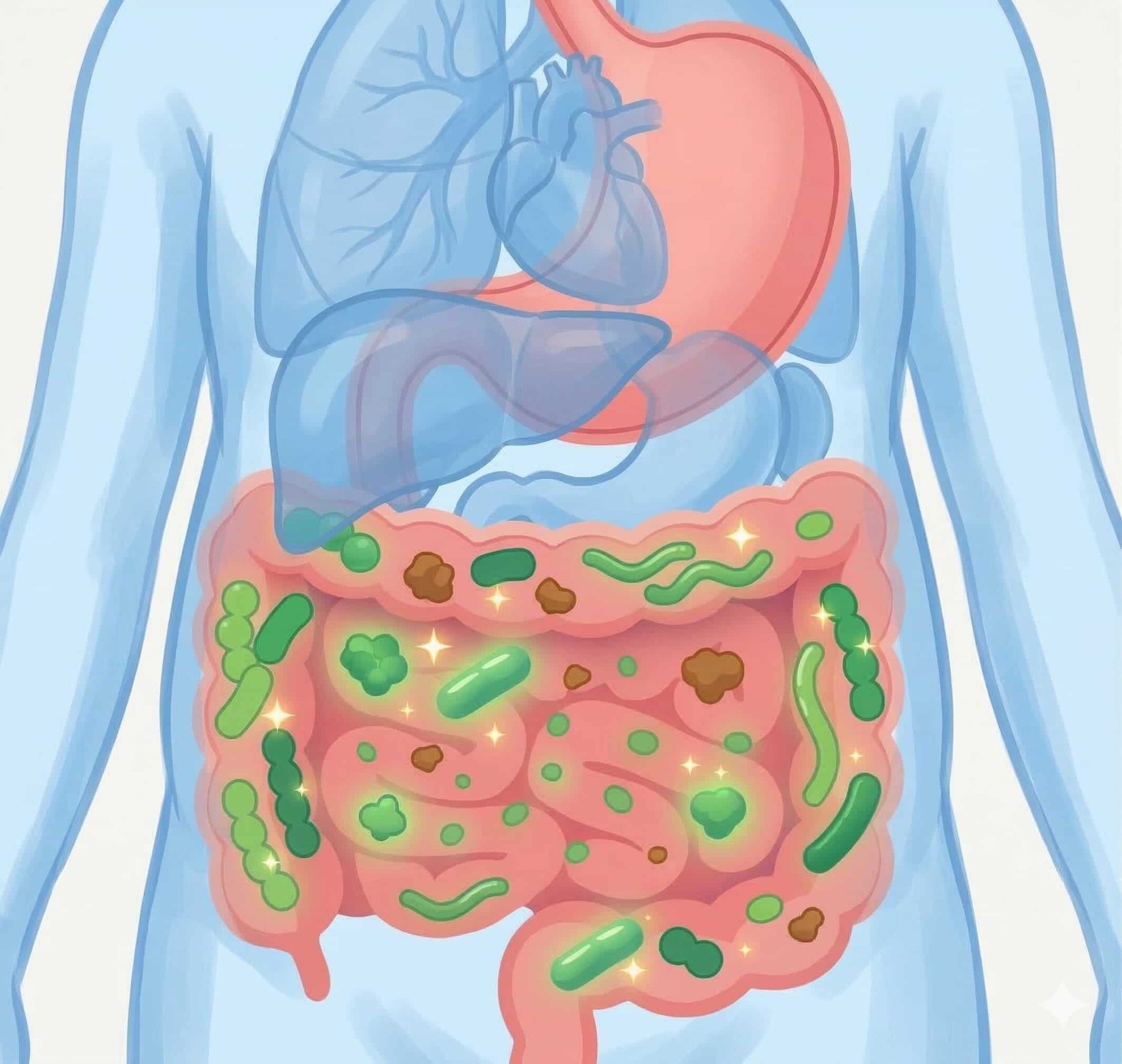 Illustration of a human body with highlighted digestive system and internal organs.