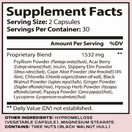 Supplement label with detailed ingredient list on a pink background