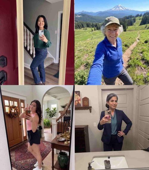 Collage of four photos featuring a woman in different outfits and settings.