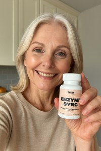 Woman holding a bottle of Zesty Paws Enzyme Sync supplement in a kitchen setting.