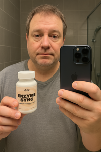 Man taking a mirror selfie holding a bottle labeled 'Enzyme Sync' and a phone.