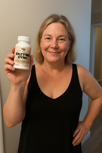 Woman holding a supplement bottle labeled 'Enzyme Sync' in a neutral setting