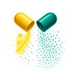 Two open buckets, one yellow and one green, spilling yellow and green powder respectively on a white background.