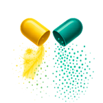 Two open buckets, one yellow and one green, spilling yellow and green powder respectively on a white background.