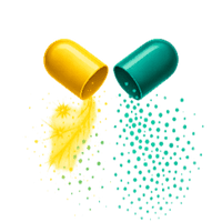 Two open buckets, one yellow and one green, spilling yellow and green powder respectively on a white background.