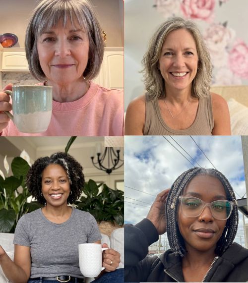 Four women in different settings holding mugs, with a floral wall and outdoor scene.