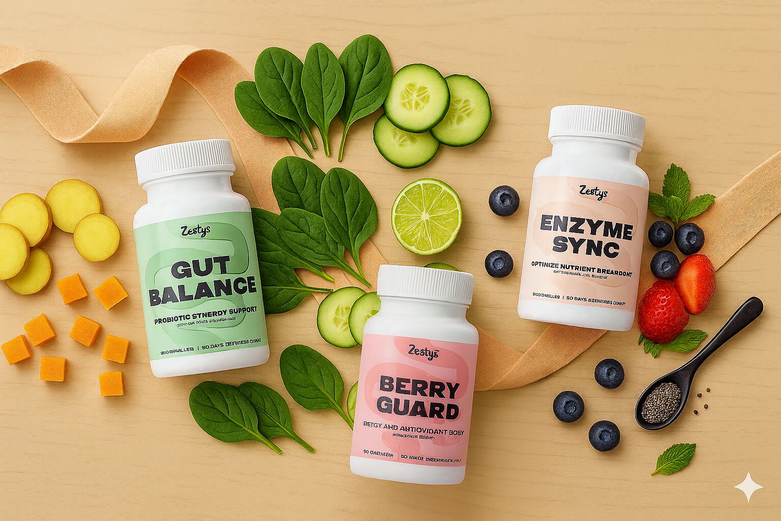 Three supplement bottles labeled 'Gut Balance', 'Enzyme Sync', and 'Berry Guard' on a wooden surface with fresh produce.