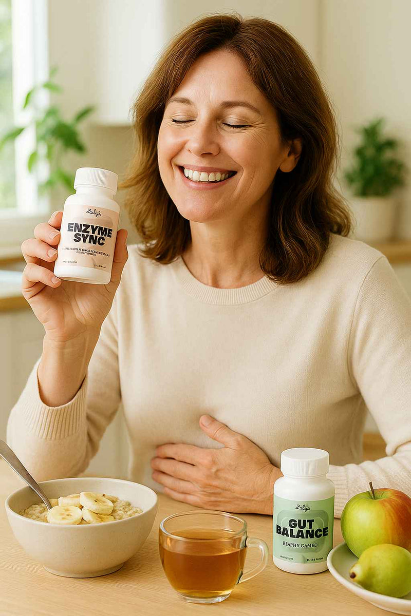 Woman holding a bottle of Enzyme Sync supplement, smiling, with a bowl of cereal and tea on a table.