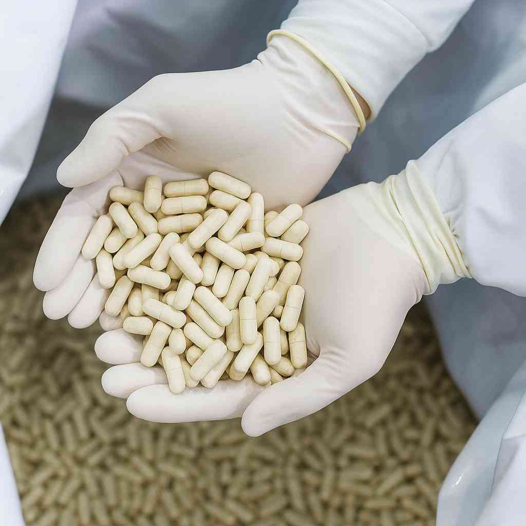 Person wearing gloves holding a handful of white cylindrical objects against a blurred background