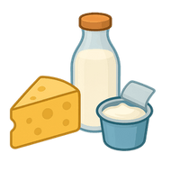 Cartoon illustration of a bottle of milk, a slice of cheese, and a container of yogurt on a white background.