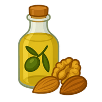 Bottle of olive oil with olives and walnuts on a white background