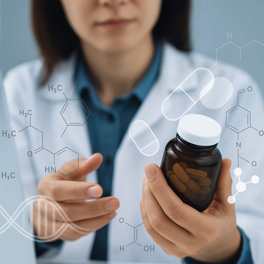 Person holding a bottle of pills with molecular structures and chemical formulas in the background